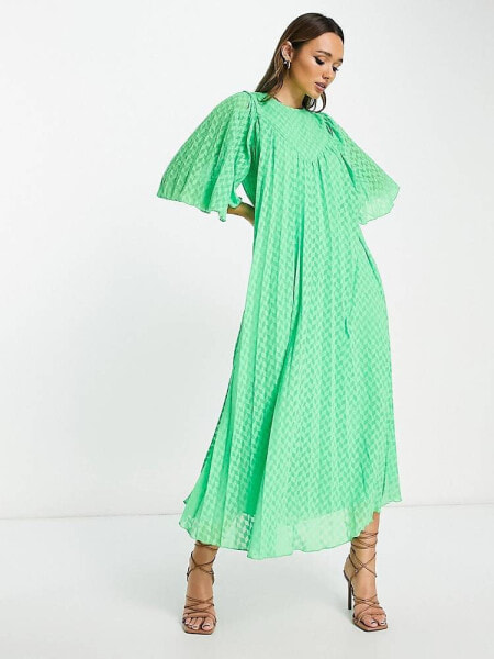 ASOS DESIGN dobby pleated midi dress with flutter sleeves and V detail in green  