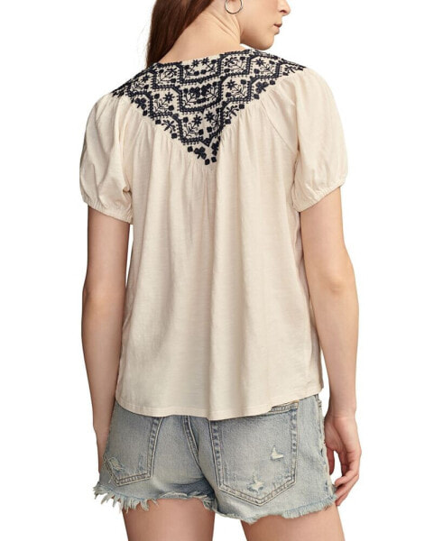 Women's Embroidered Tie-Neck Peasant Top