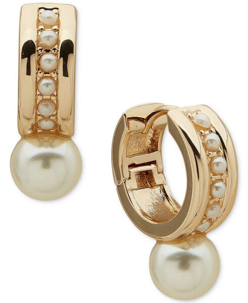 Gold-Tone Imitation Pearl Charm Huggie Hoop Earrings