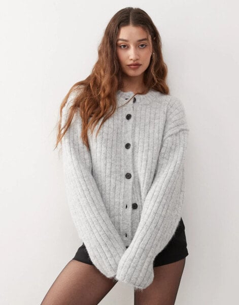 Weekday Alika chunky wool blend cardigan in grey melange