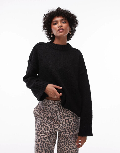 Topshop knitted fluffy rib detail exposed seam crew oversized jumper in black