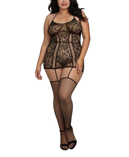 Women's Plus Size Lace Garter Lingerie Dress with Criss-Cross Details and Fishnet Stockings