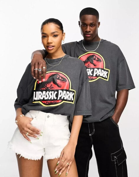 ASOS DESIGN unisex oversized t-shirt with Jurassic Park graphic in washed black