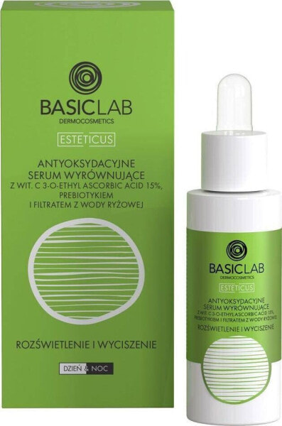 Basiclab Esteticus antyoksydacyjne serum wyrównujące z Wit.C 15% prebiotykiem i filtrem z wody ryżowej 30ml