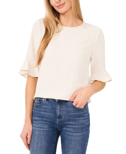 Women's Crew Neck Ruffled-Cuff Elbow-Sleeve Rumple Blouse