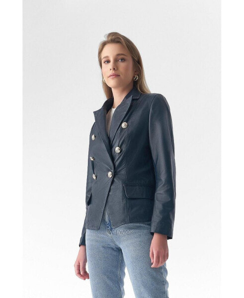 Women's Genuine Leather Blazer Jacket, Navy