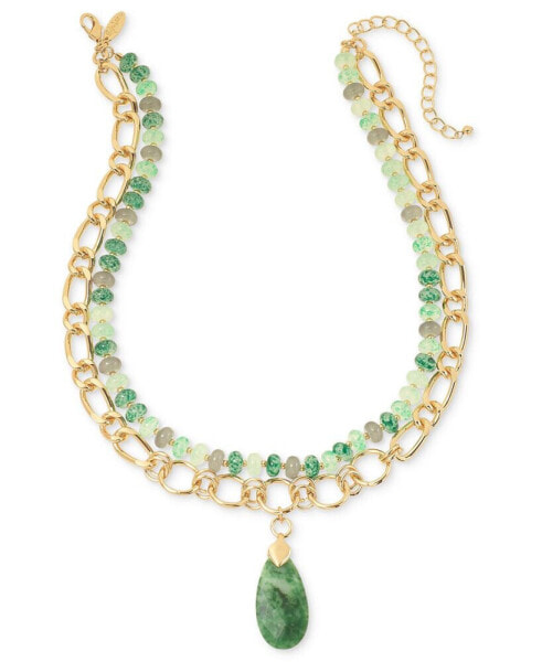 Gold-Tone Green Bead Two-Row Pendant Necklace, 20" + 3" extender, Created for Macy's