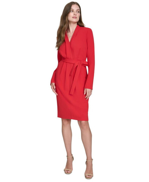 Women's V-Neck Belted Long-Sleeve Sheath Dress