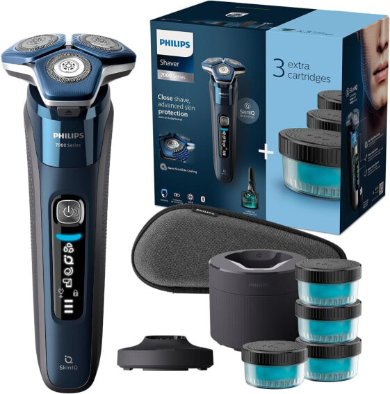Philips Shaver Series 7000 – Electric Wet and Dry Shaver for Men with Fold-Out Trimmer, Cleaning Station, 4 x Cleaning Cartridges, Charging Station & Travel Case (Model S7885/63)