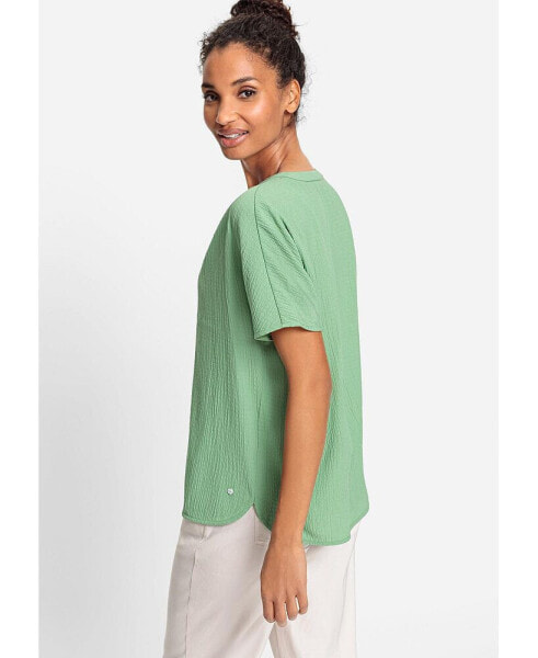 Viscose Blend Short Sleeve Collarless Crinkle Top