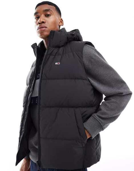 Tommy Jeans Down Hooded Zip-Thru Vest in Black