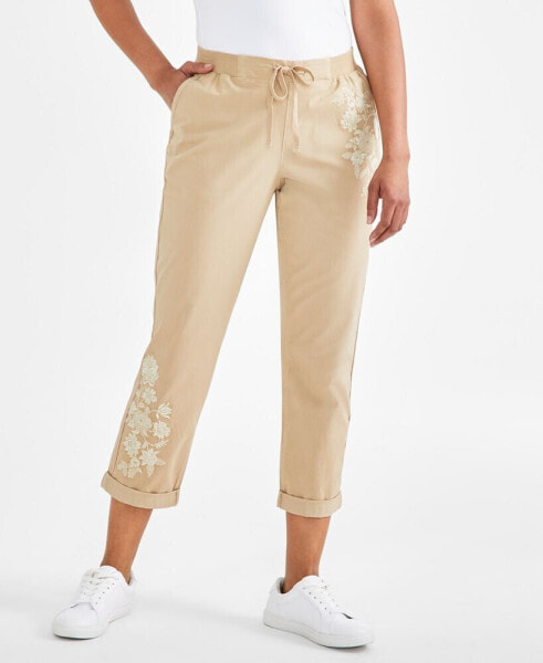 Petite Floral-Embroidered Twill-Tape Pants, Created for Macy's