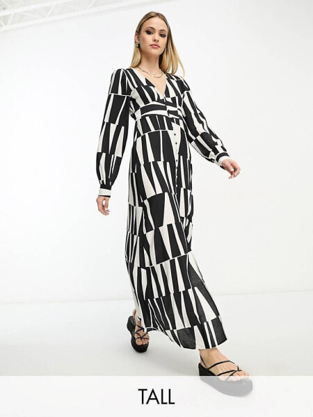 Object Tall button through midi dress in mono abstract print