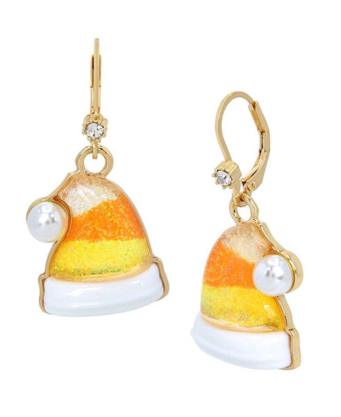 Faux Stone and Imitation Pearl Candy Corn Santa Hat Earrings