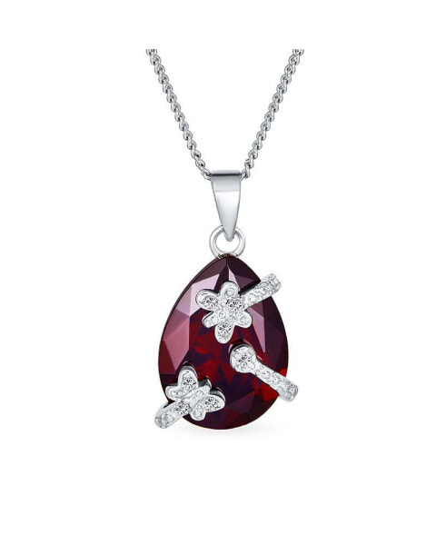 Bling Jewelry romantic Elegant Pave Wrapped Butterfly Accent Ruby Red Big 10 CTW Faceted Teardrop Necklace Pendant For Women Teens .925 Sterling Silver 16,18 Inches Chain