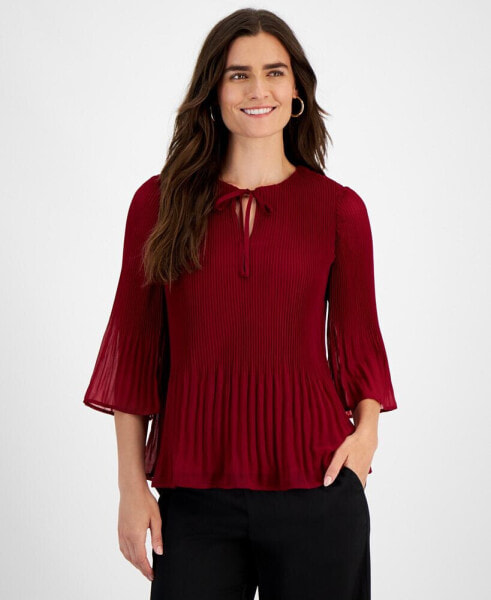 Petite Pleated Bell-Sleeve Split-Neck Top, Created for Macy's