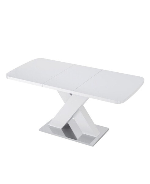 Modern Square Dining Table, Stretchable, White Table Top+MDF X-Shape Table Leg With Metal Base