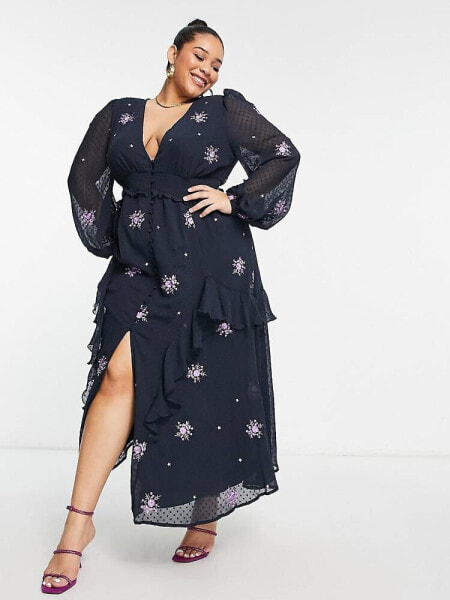 ASOS DESIGN Curve shirred waist button through midi tea dress with all over embroidery in charcoal and purple