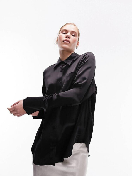 Topshop oversized satin shirt in black