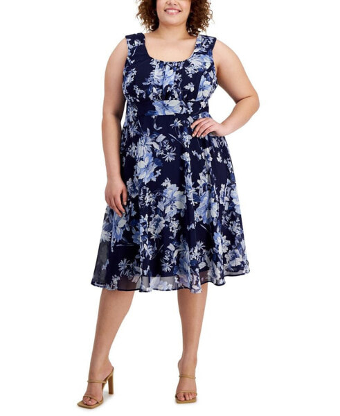 Plus Size Printed Ruched-Bodice Sleeveless Dress