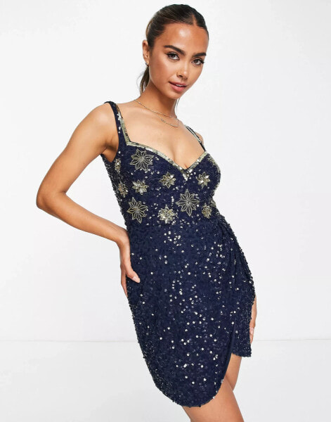 Band Of Stars premium embellished mini skater dress in navy