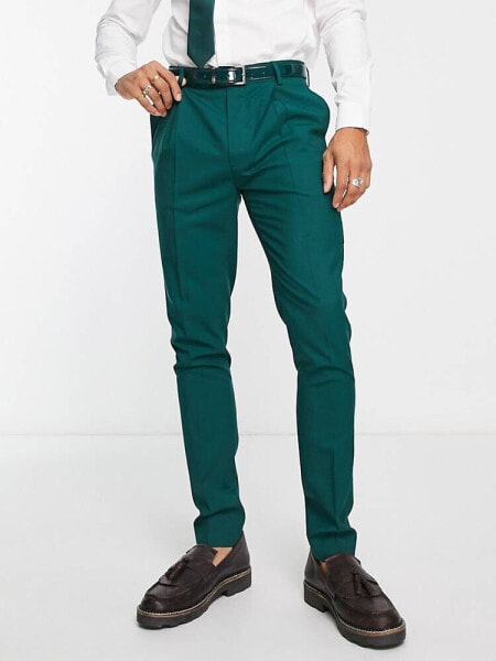 Noak premium wool-rich skinny suit trousers in forest green