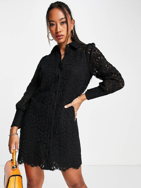 Whistles button up mini shirt dress in black lace