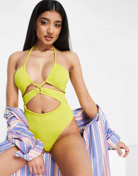 Pull&Bear cut out high leg halterneck swimsuit in lime