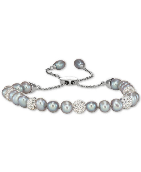 White Cultured Freshwater Pearl (6mm) & Crystals Bolo Bracelet in Sterling Silver