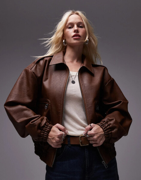 Topshop faux leather oversized bomber jacket in brown