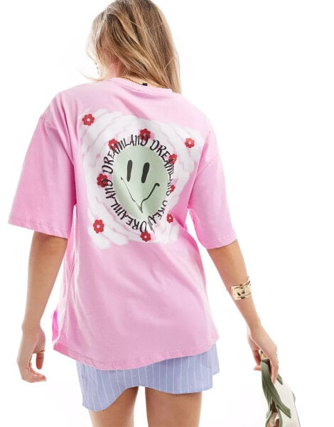 Pieces oversized t-shirt with wave face print back in pink