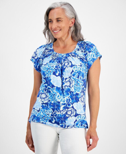 Petite Printed Pleated-Neck Top, Created for Macy's