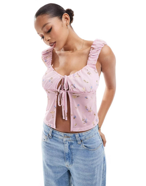 ASOS DESIGN ditsy milkmaid tie front cami top in baby pink