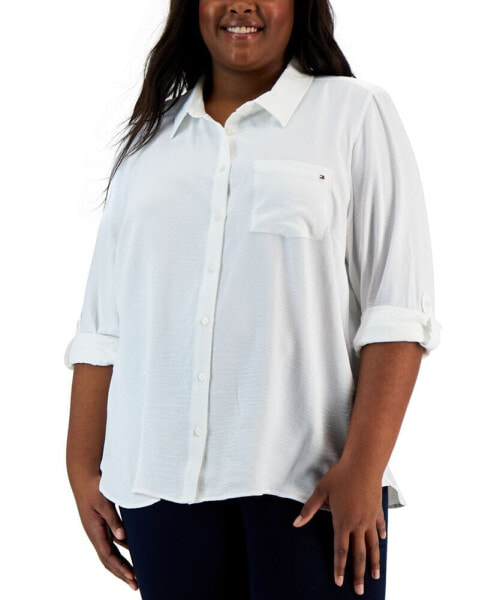 Plus Size Roll-Tab-Sleeve Button-Down Emblem Shirt