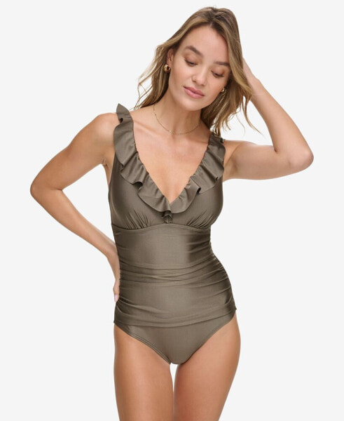 Ruffle Plunge Underwire Tummy Control One-Piece Swimsuit, Created for Macy's