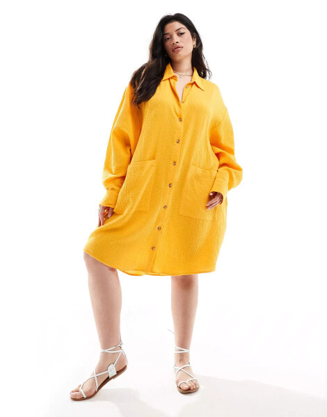 ASOS DESIGN Curve double cloth oversized shirt dress with dropped pockets in tangerine