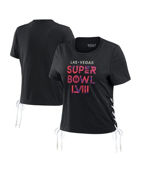 Women's Black Super Bowl LVIII Cropped Lace-Up T-shirt