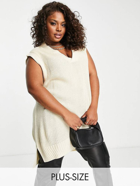 Threadbare Plus Chestnut v neck knitted vest in stone