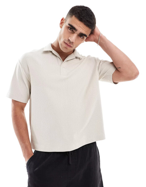 ASOS DESIGN relaxed heavyweight polo t-shirt with revere collar in stone