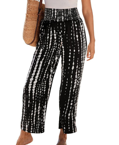 Women's Black-and-White Abstract Smocked Waist Pants