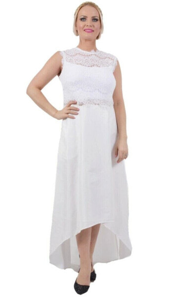 Marina 153133 Women's Satin High-Low Gown Dress Lace Mock Neck Ivory Sz. 8