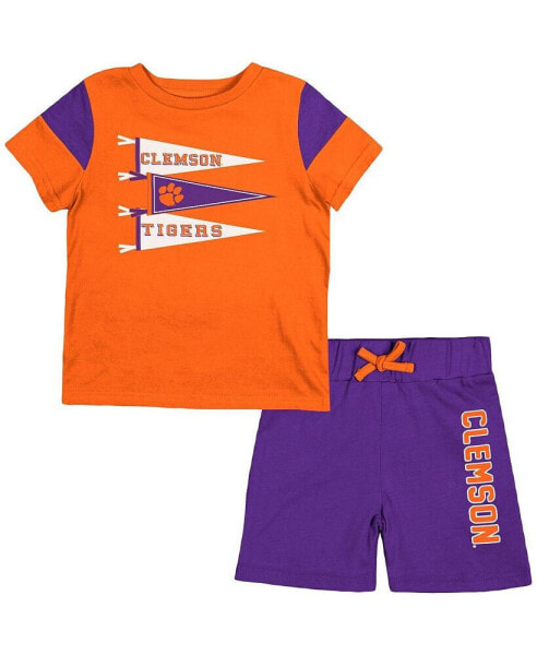 Newborn and Infant Boys and Girls Orange, Purple Clemson Tigers Baby Herman T-shirt and Shorts Set