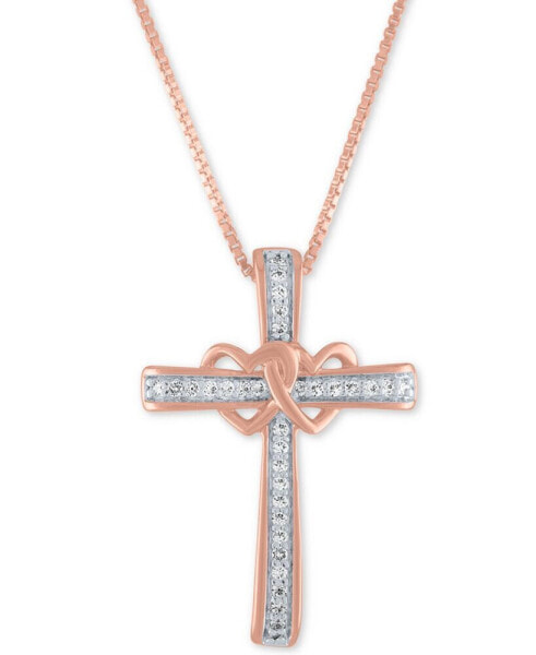 Diamond Heart and Cross 18" Pendant Necklace (1/10 ct. t.w.) in 14k Rose Gold-Plated Sterling Silver