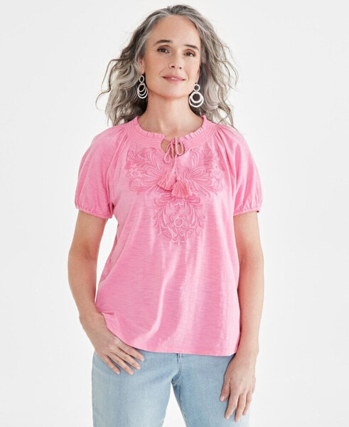 Petite Escape Embroidery Vacay Top, Created for Macy's