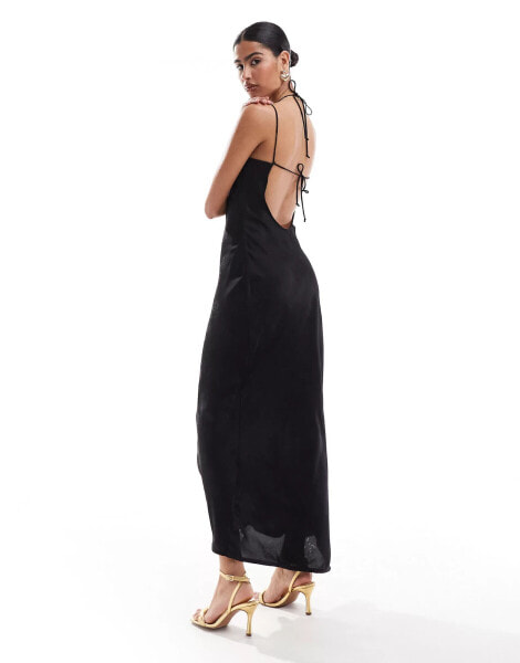 Bershka jacquard cowl neck maxi dress in black