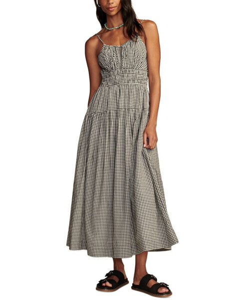 Women's Checked Smocked-Bodice Midi Dress