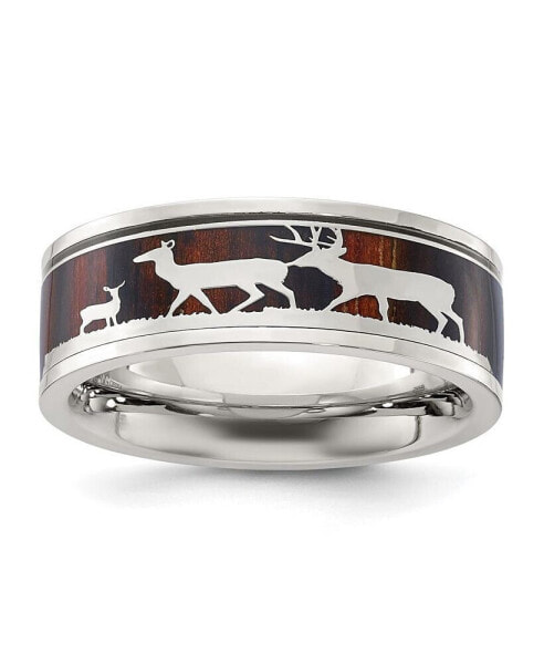 Stainless Steel Polished Wood Inlay Deer Design 8mm Band Ring