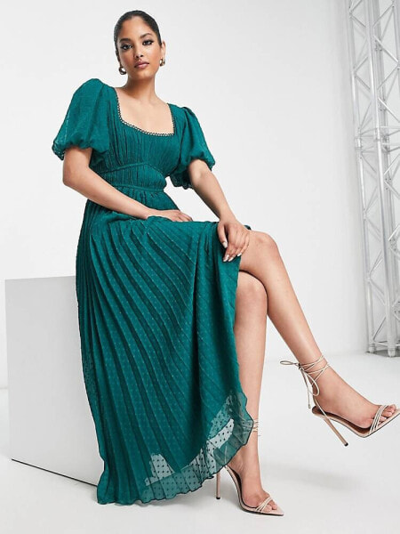 ASOS DESIGN puff sleeve pleated dobby midi dress with scallop trim in forest green