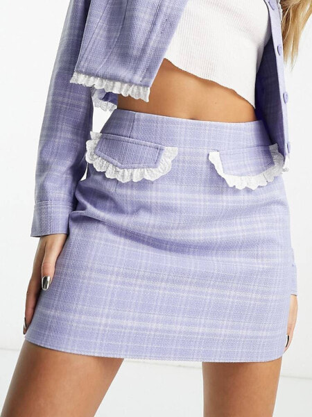 Miss Selfridge co-ord western check mini skirt with lace trim detail in blue