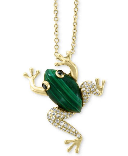 EFFY® Malachite (14 x 8mm) & Diamond (1/6 ct. t.w.) Frog 18" Pendant Necklace in 14k Gold